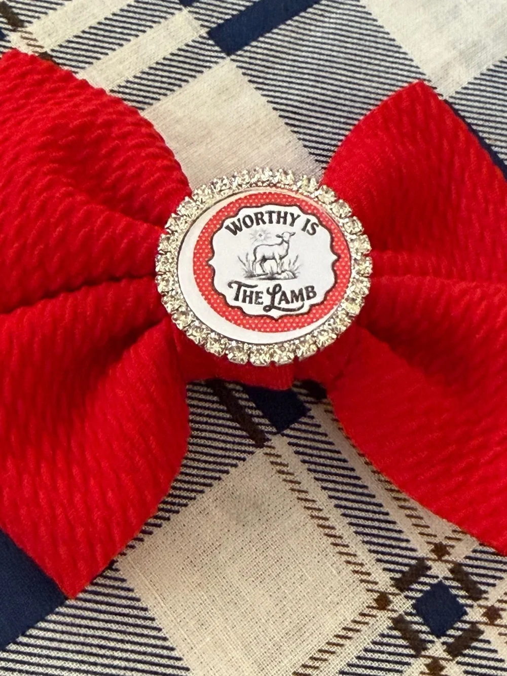 Worthy Is The Lamb Red Bow Pin with Rhinestone Accent